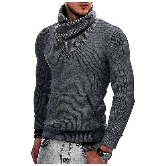 Other - Men's Knitted Turtleneck Pullover Shawl Collar Sweaters Navy Blue